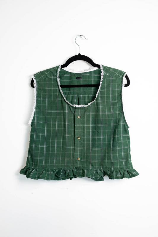 Upcycled Green Plaid Lace Trim Top