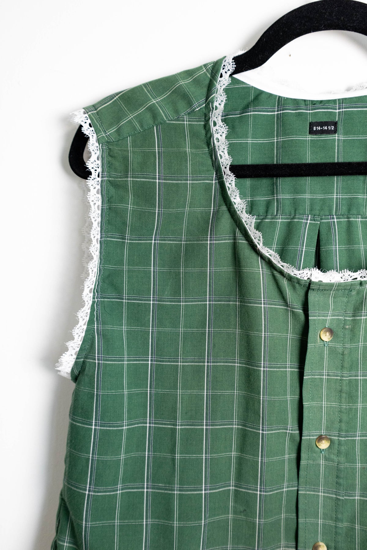 Upcycled Green Plaid Lace Trim Top