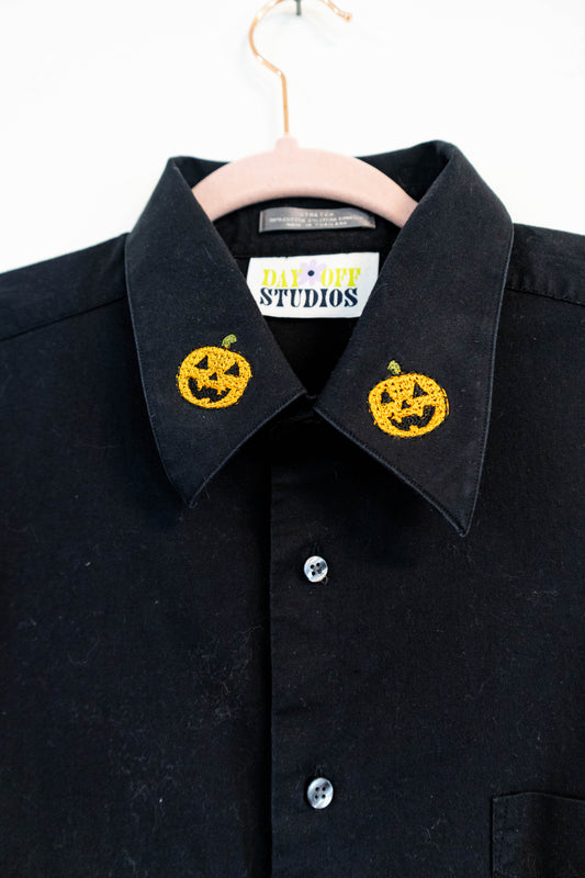 Upcycled Black Button Down with Pumpkin Collar