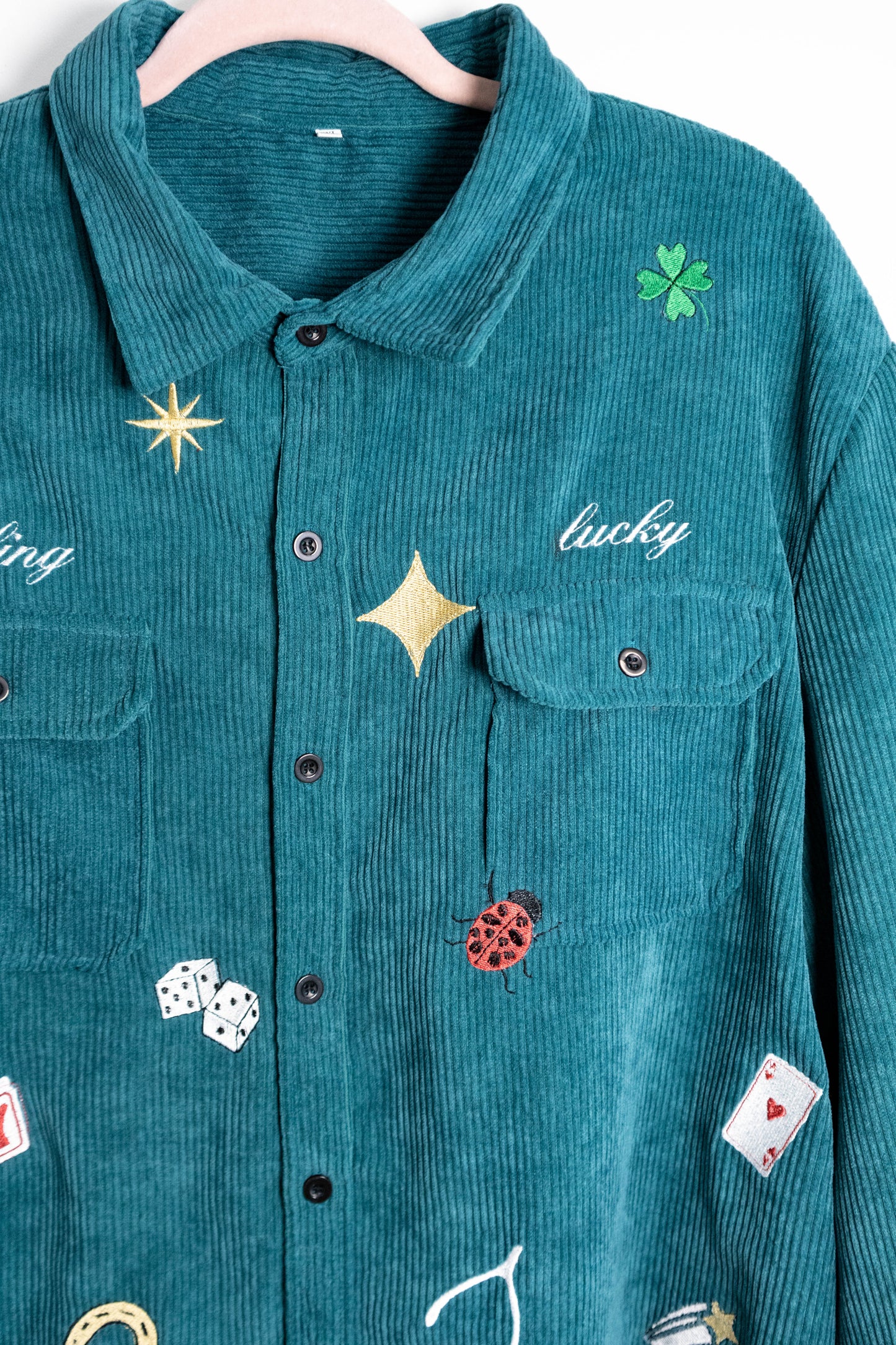 Feeling Lucky” Embroidered Corduroy Shirt