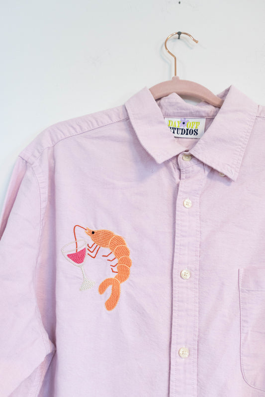 Upcycled Pink Button Down – Shrimp Cocktail Embroidery